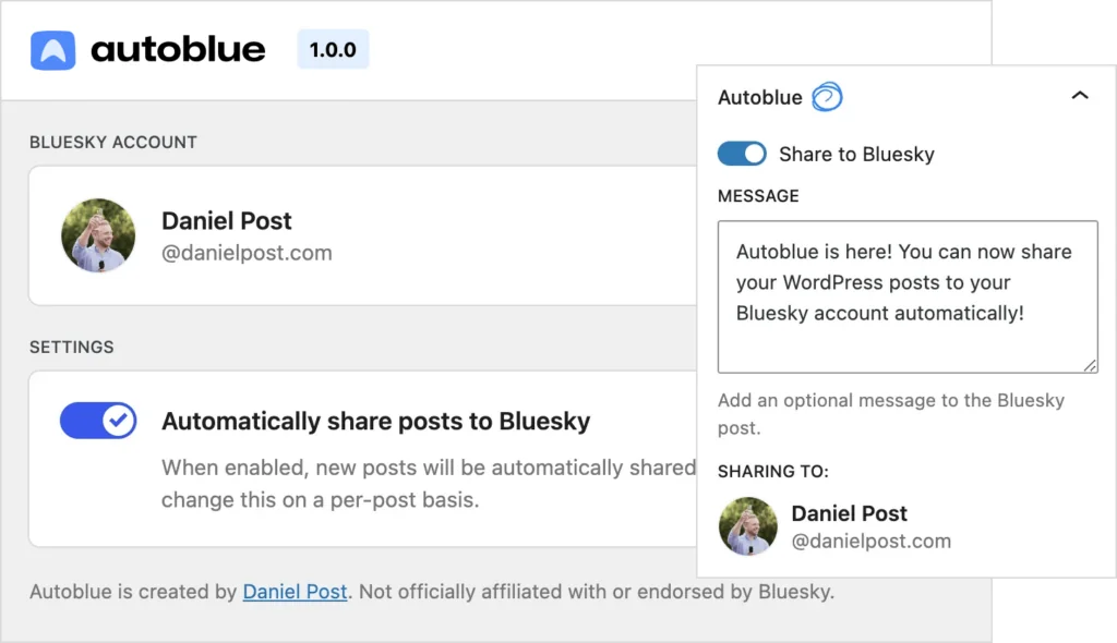 Screenshot demonstrating the Autoblue settings page and post settings in WordPress.